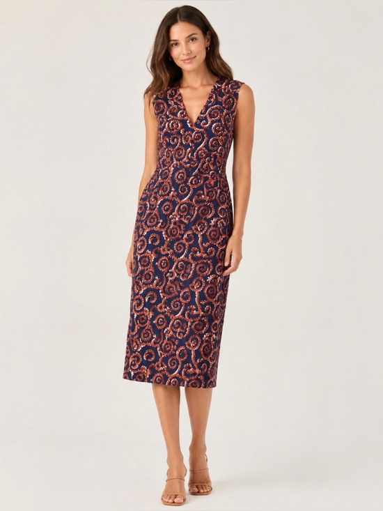 Tory Burch Dresses & Skirts - Tory Burch 100% Silk Navy Rust Paisley Sleeveless Midi Sheath Dress -Size Large